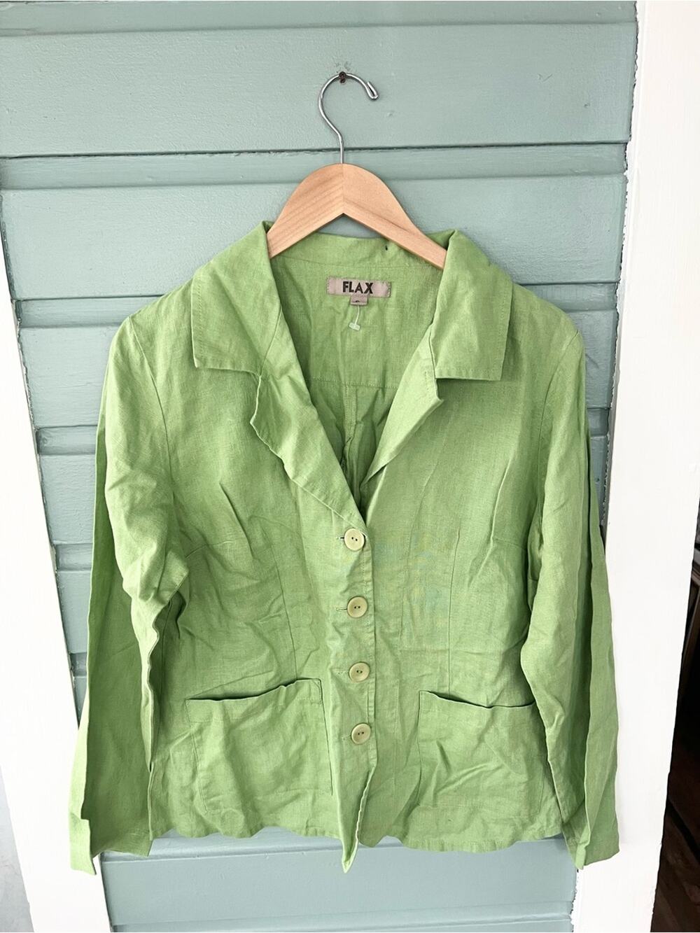 Flax NEW 100% linen green button down coat jacket blazer neutral natural fibers